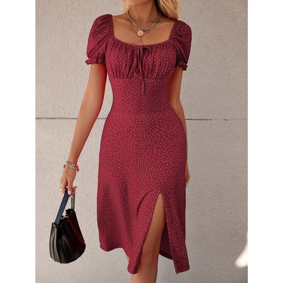 Polka Dot Puff Sleeve Tie Front Ruched Bust Slit Hem midi Dress red - Picture 1 of 11